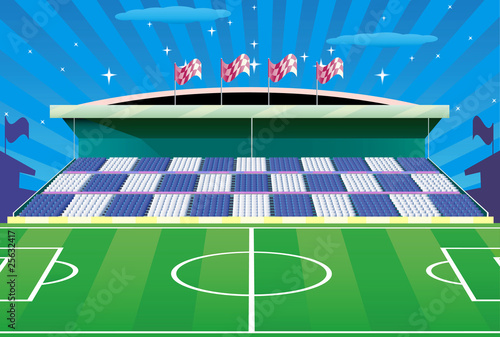 Soccer field and detailed tribune. Vector illustration.