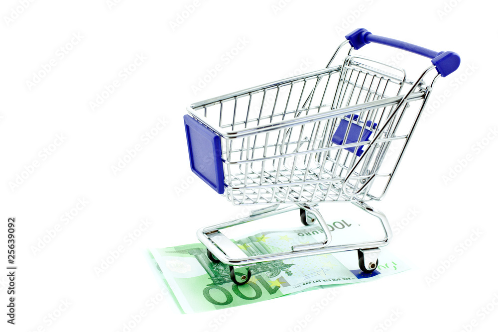 shopping trolley on 100 euro notes isolated