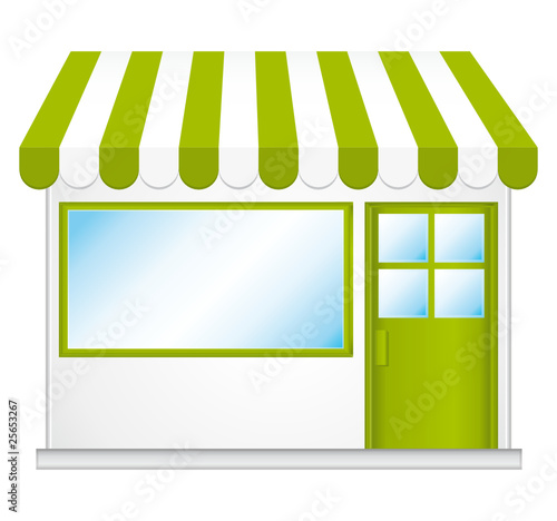 Little convenience store with green awnings.