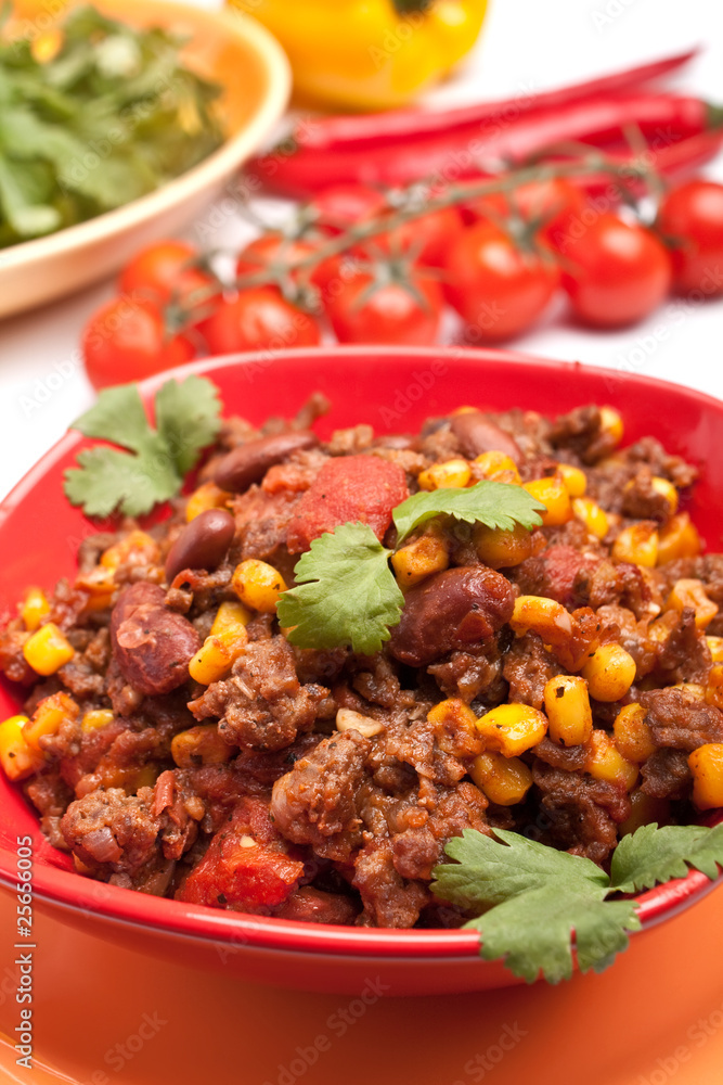 beef chili with beans,corns and cilantro
