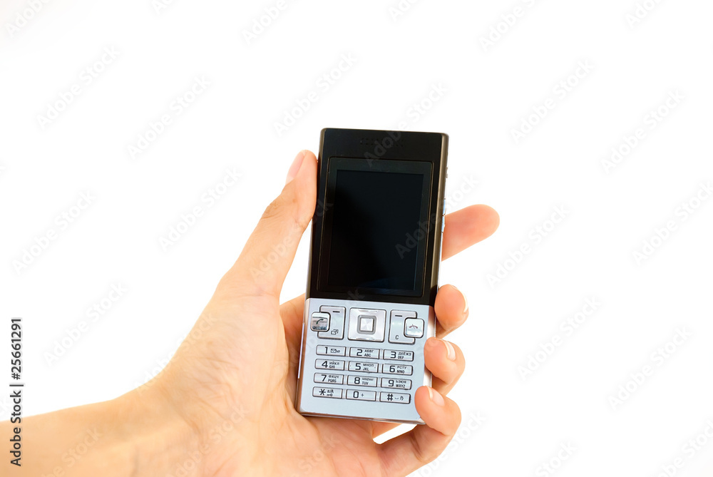 Mobile phone in hand isolated white. Mobile phone in hand isolated white.