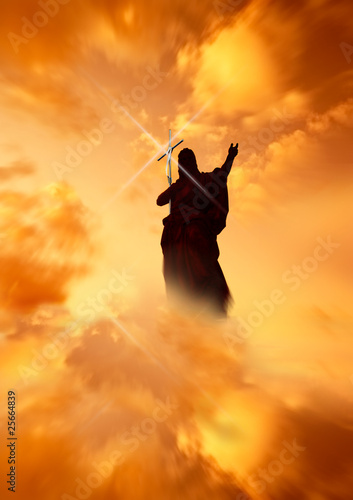 Jesus with light reflecting off Cross in the Heavens
