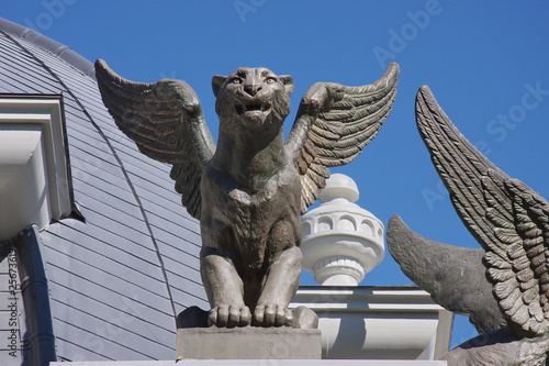 sculptures of lions on building, city Kasan, Russia