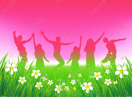 Funny peoples dancing on green field