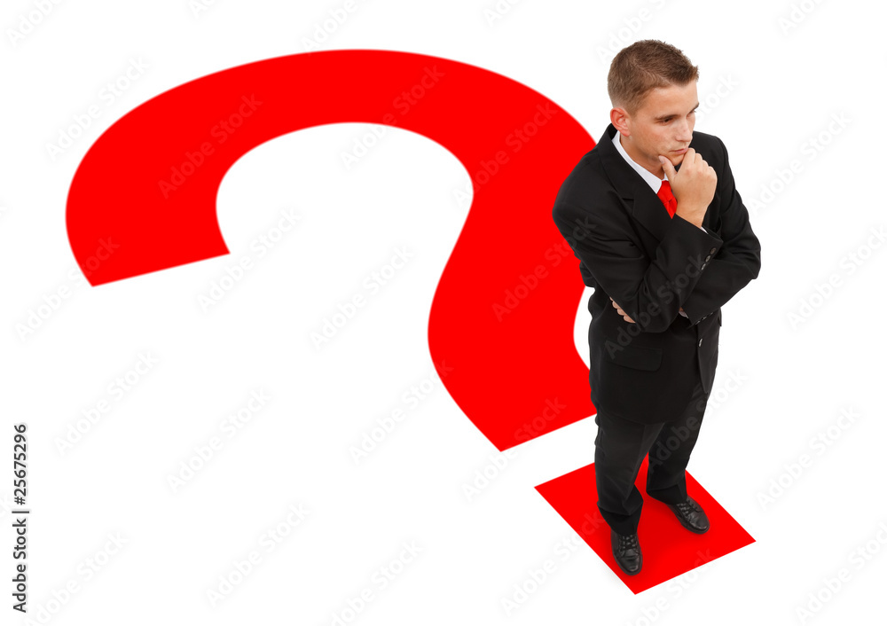 Businessman standing on question mark Businessman standing on question mark