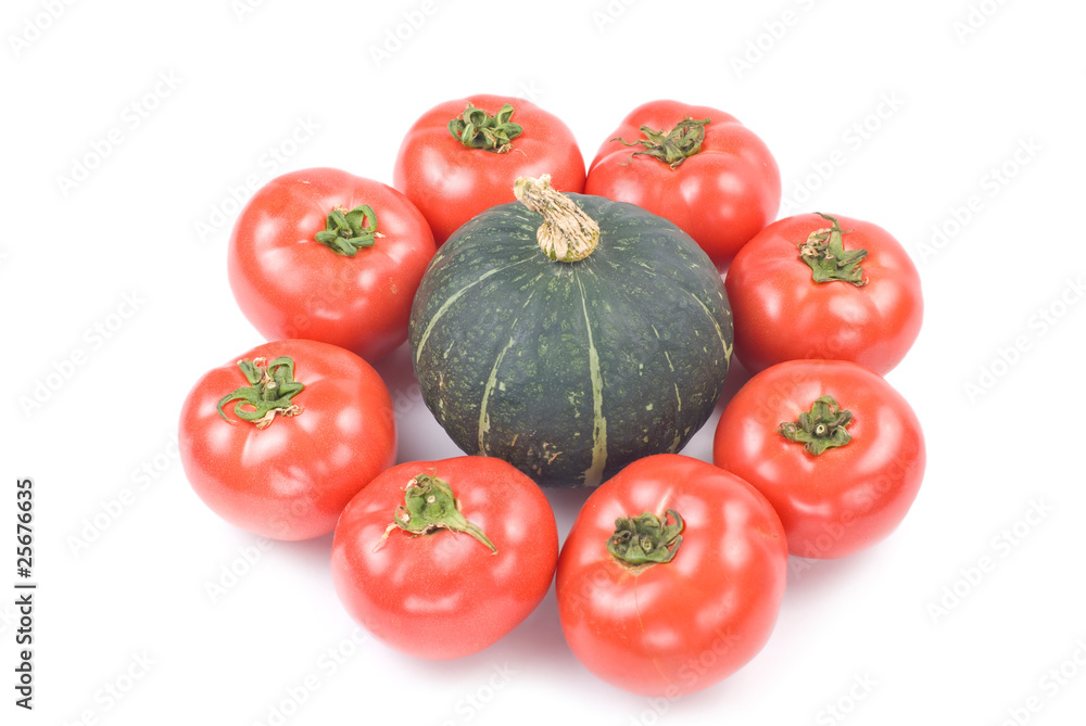 Red and green. fresh tomatoes and pumpkin Red and green. fresh tomatoes and pumpkin