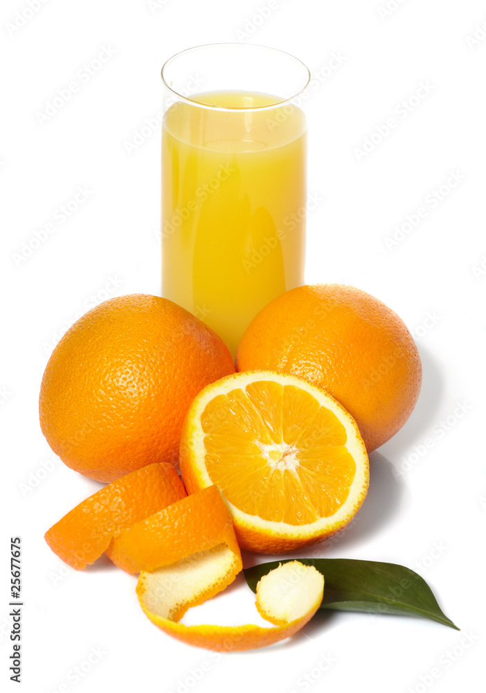 Orange juice and oranges on a white background. Orange juice and oranges on a white background.