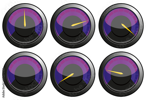 Set of purple speedometers, vector illustration
