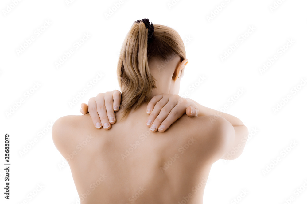 Fototapeta premium Woman massaging pain back isolated on white