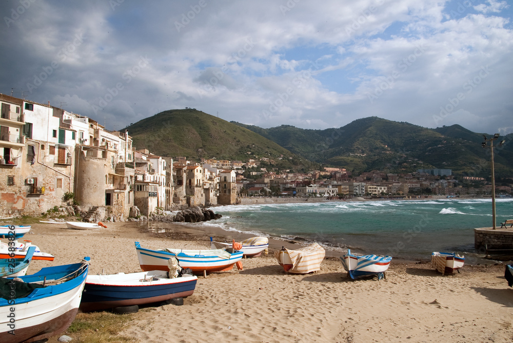 Beach and waterfront of Cefalu in Sicily,Italy