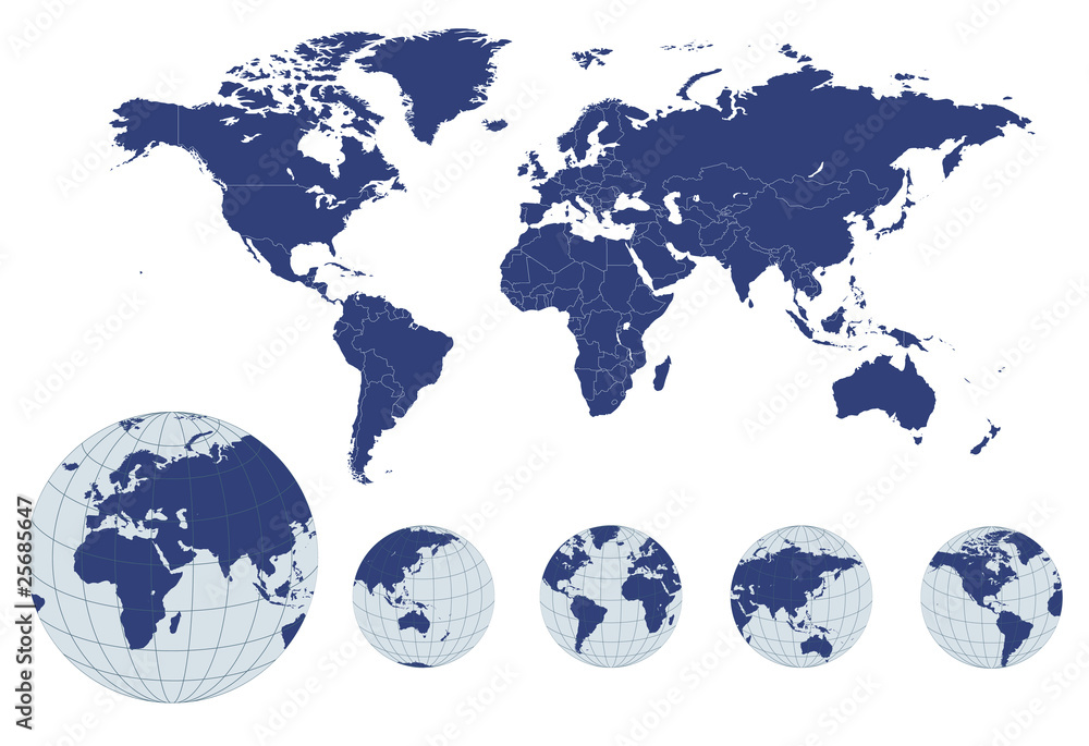 World map with earth globes - obrazy, fototapety, plakaty 