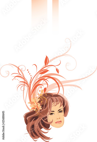 Portrait of woman with bouquet of lilies in hair. Banner