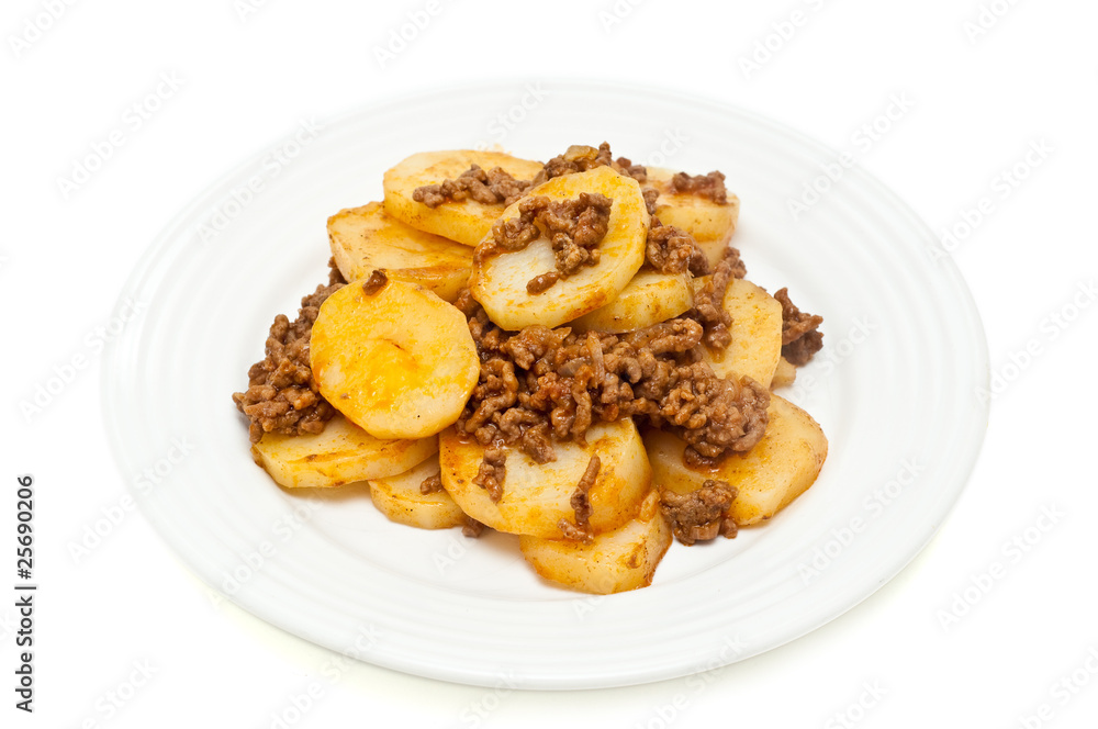 potatoes cooked with mince meat isolated