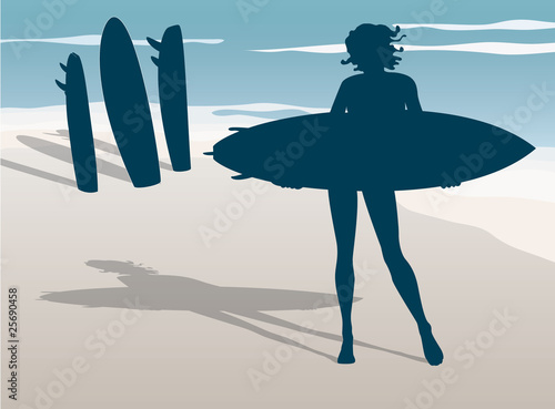 Girl with surfboard on the beach