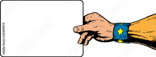 superhero hand holding a sign.