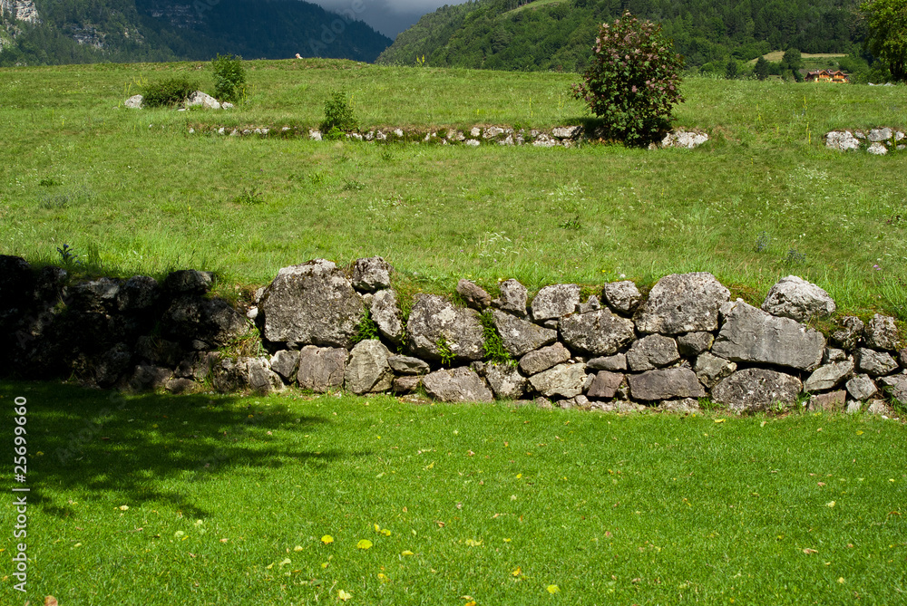 old wall in a field used for grazing created by farmers
