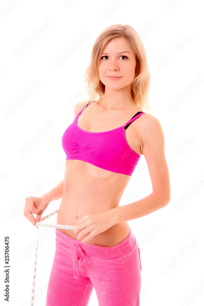 Woman with measure tape isolated on white Woman with measure tape isolated on white