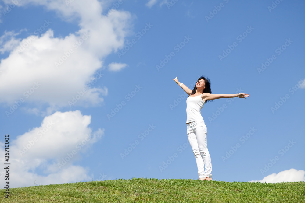 happy young woman dreams to fly on winds happy young woman dreams to fly on winds