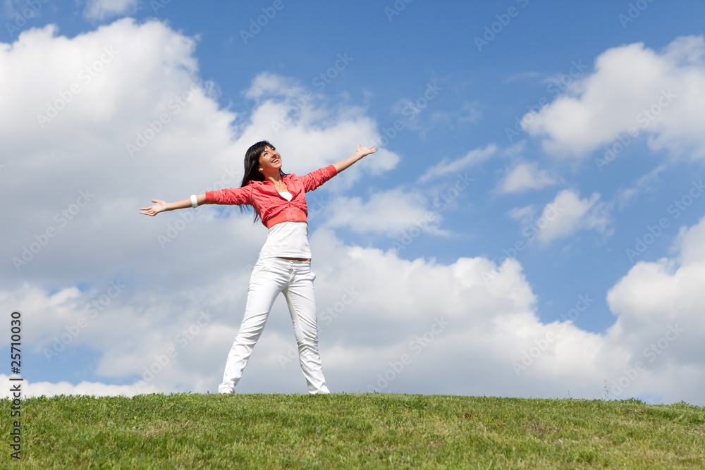happy young woman dreams to fly on winds happy young woman dreams to fly on winds