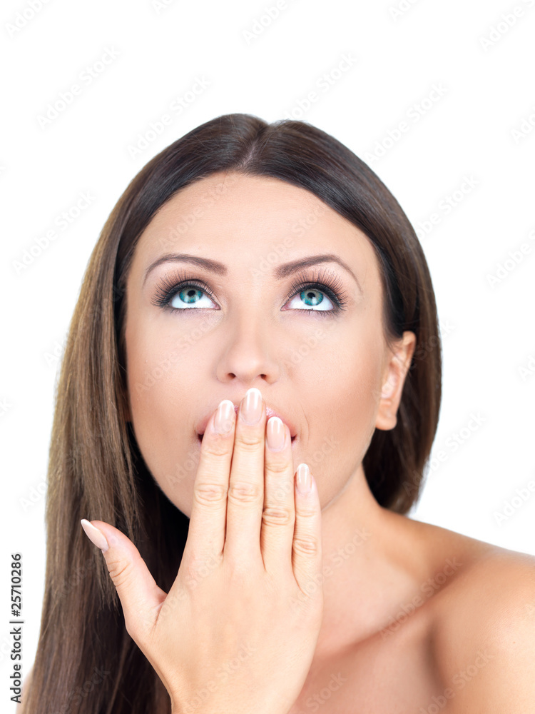 Portrait of beautiful woman, she looking up at copyspace Portrait of beautiful woman, she looking up at copyspace