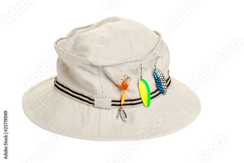 kahki hat with fishing tackle photo