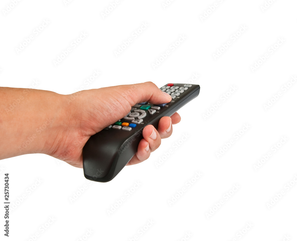 TV remote control in hand isolated on white TV remote control in hand isolated on white