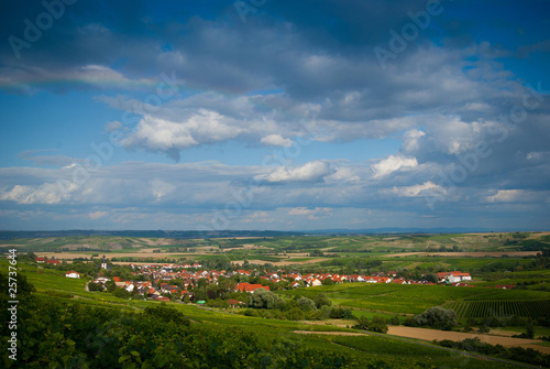 mountain view of small european village in vine area of rhein