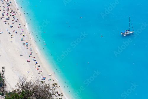 Myrtos dream beach aerial view with yacht