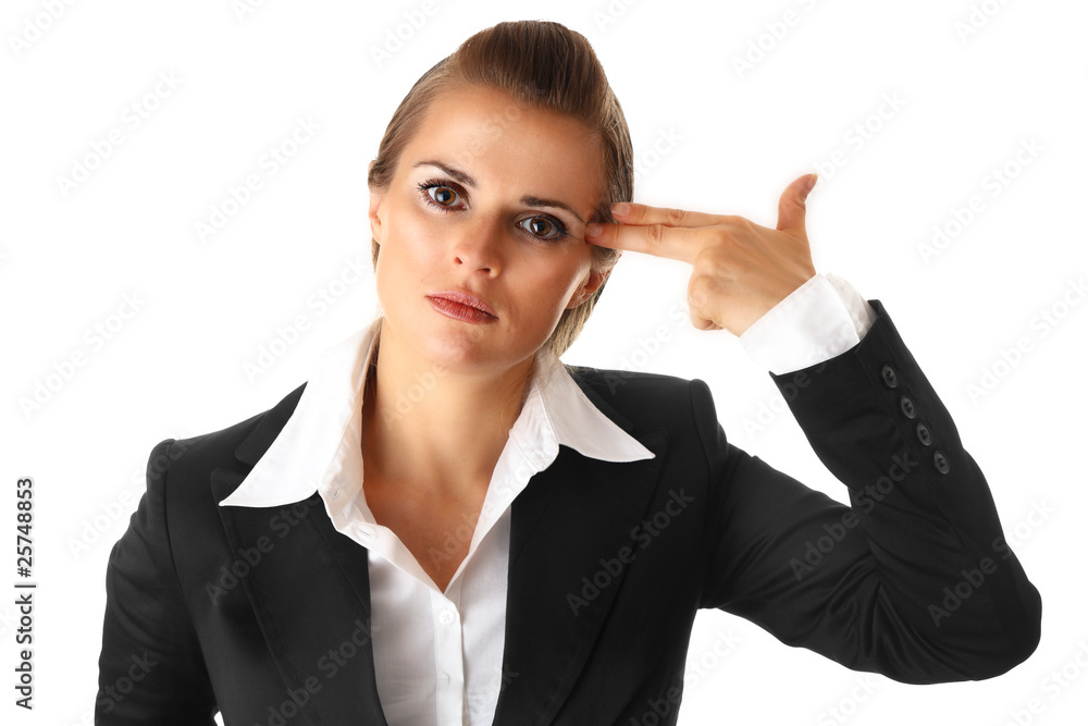 stressed modern business woman with gun shaped hand stressed modern business woman with gun shaped hand