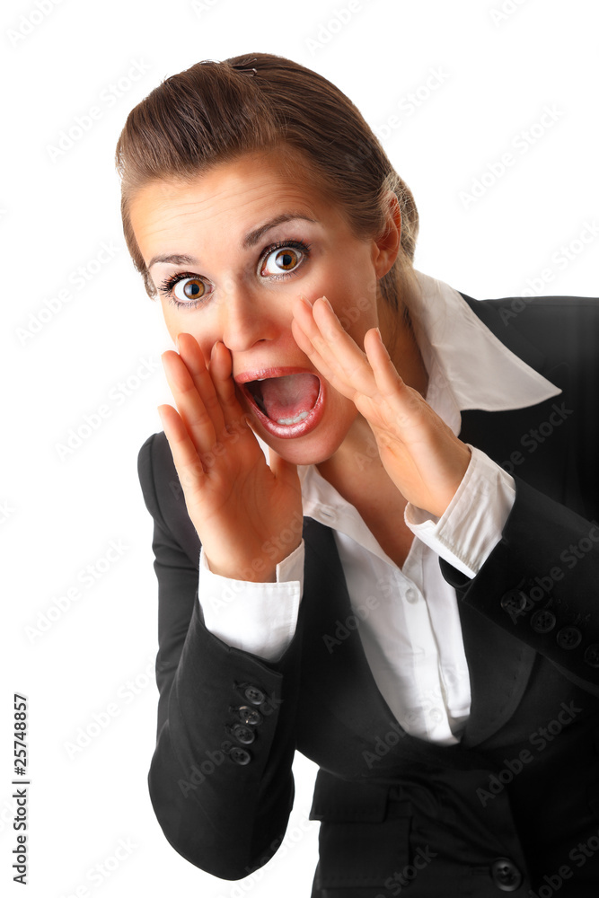 business woman shouting through megaphone shaped hands business woman shouting through megaphone shaped hands
