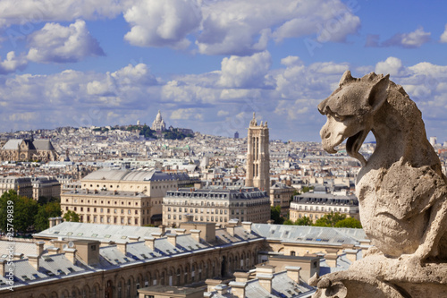 Notre Dame: Chimera (dragon) overlooking the skyline of Paris