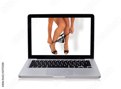 legs charming girl removes lingerie in laptop