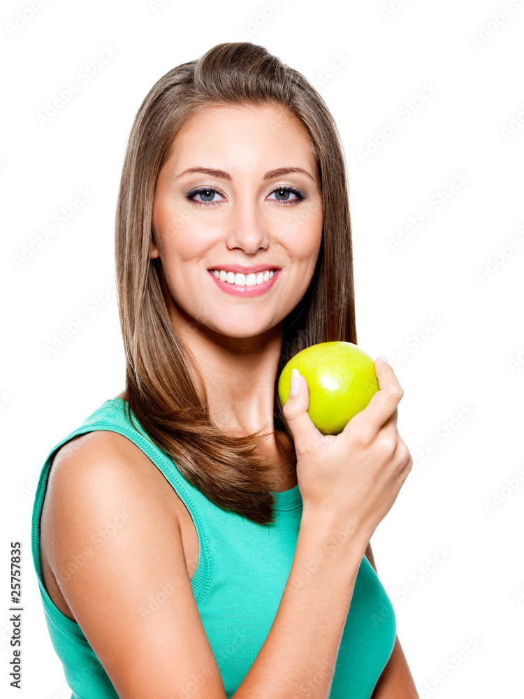 smiling woman with green apple smiling woman with green apple