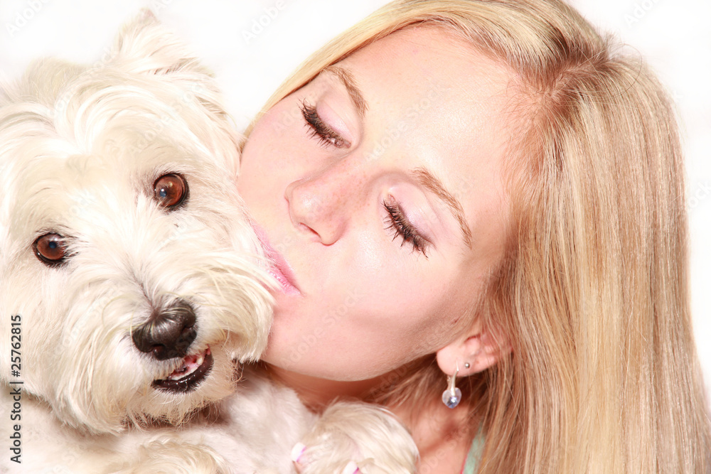 BLond girl with terrier isolated over white BLond girl with terrier isolated over white