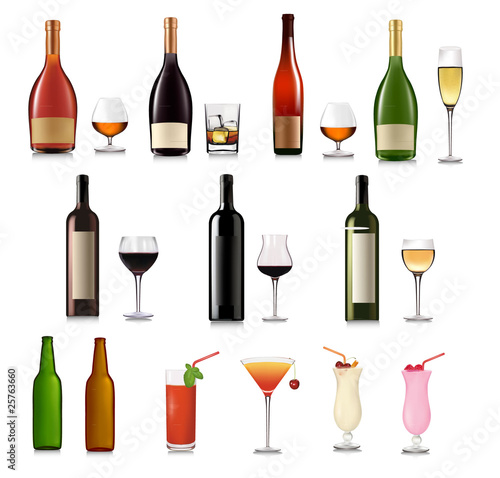 Set of different drinks and cocktails. Vector illustration.