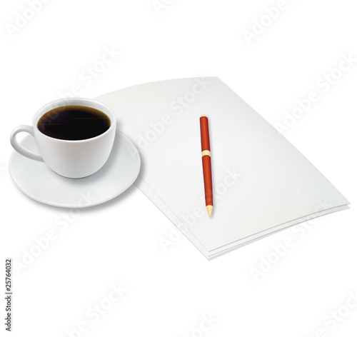 Cup of coffee and office notebook. Vector.
