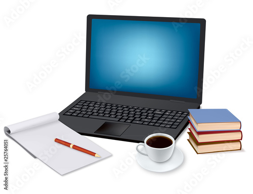 Laptop, cup of coffee and office supplies. Vector.