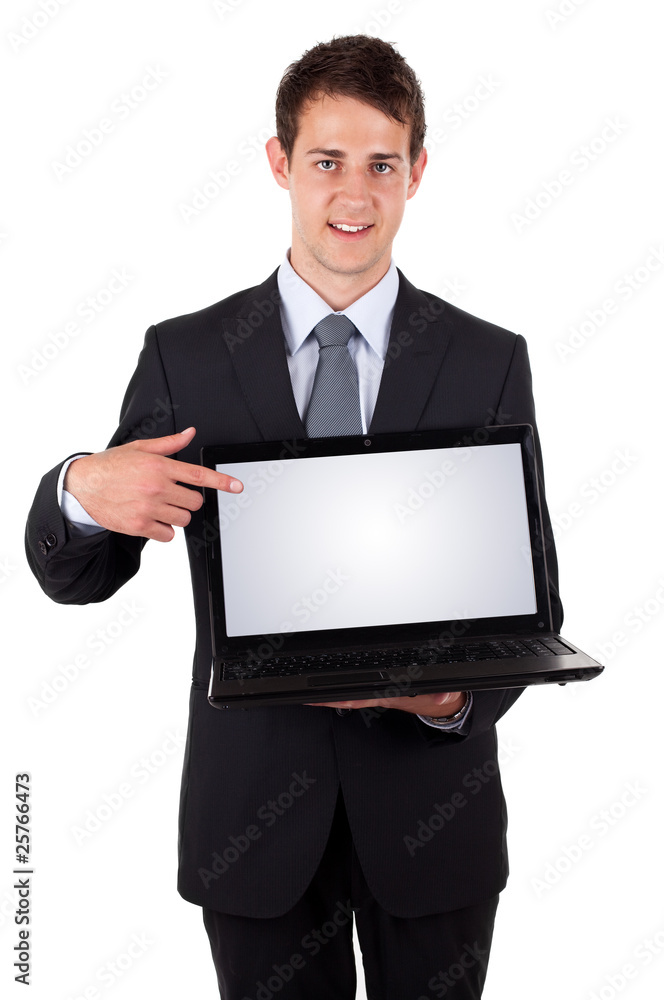 Business man pointing at a laptop computer Business man pointing at a laptop computer