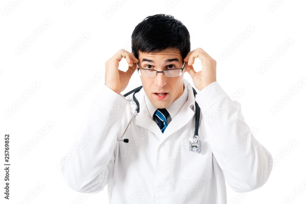 Expressive happy surprised doctor, isolated on white Expressive happy surprised doctor, isolated on white