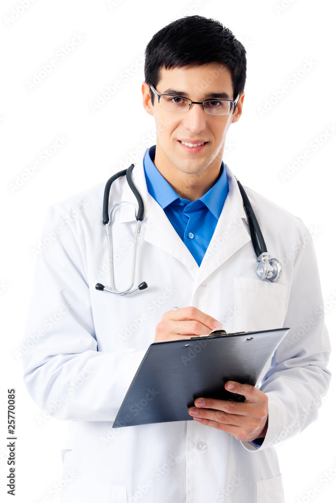 Happy doctor with clipboard, isolated on white Happy doctor with clipboard, isolated on white