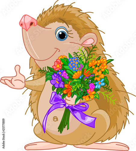 Cute little Hedgehog  giving a bouquet