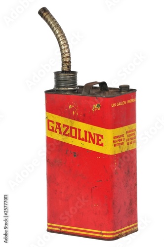 Vintage retro metalic fuel container, text in french