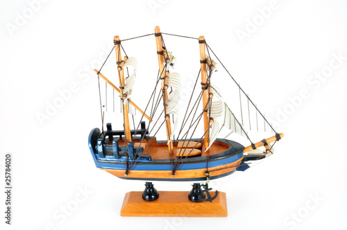 model boat on stand side view isolated on white