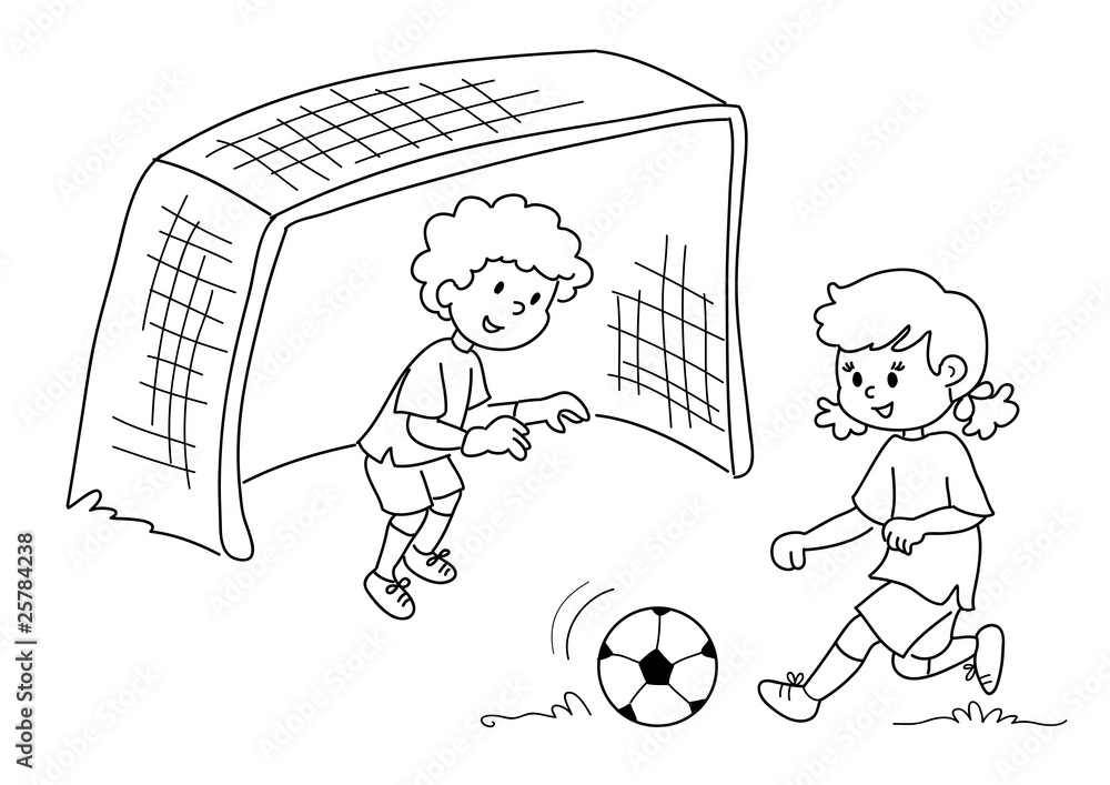 Bambini che giocano a calcio. Bianco e nero Stock Illustration | Adobe Stock