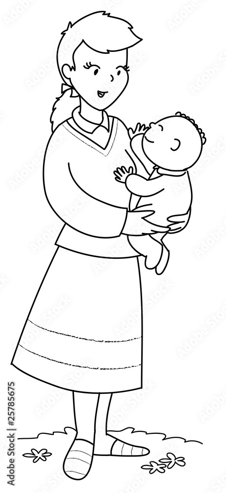 Illustrazione Stock Mamma con bambino piccolo in braccio da colorare |  Adobe Stock