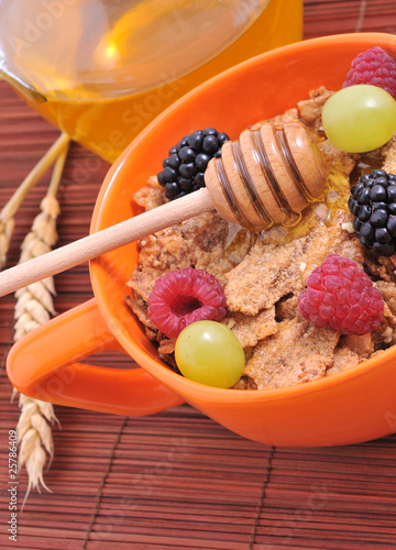 bowl of muesli with fruits and honey