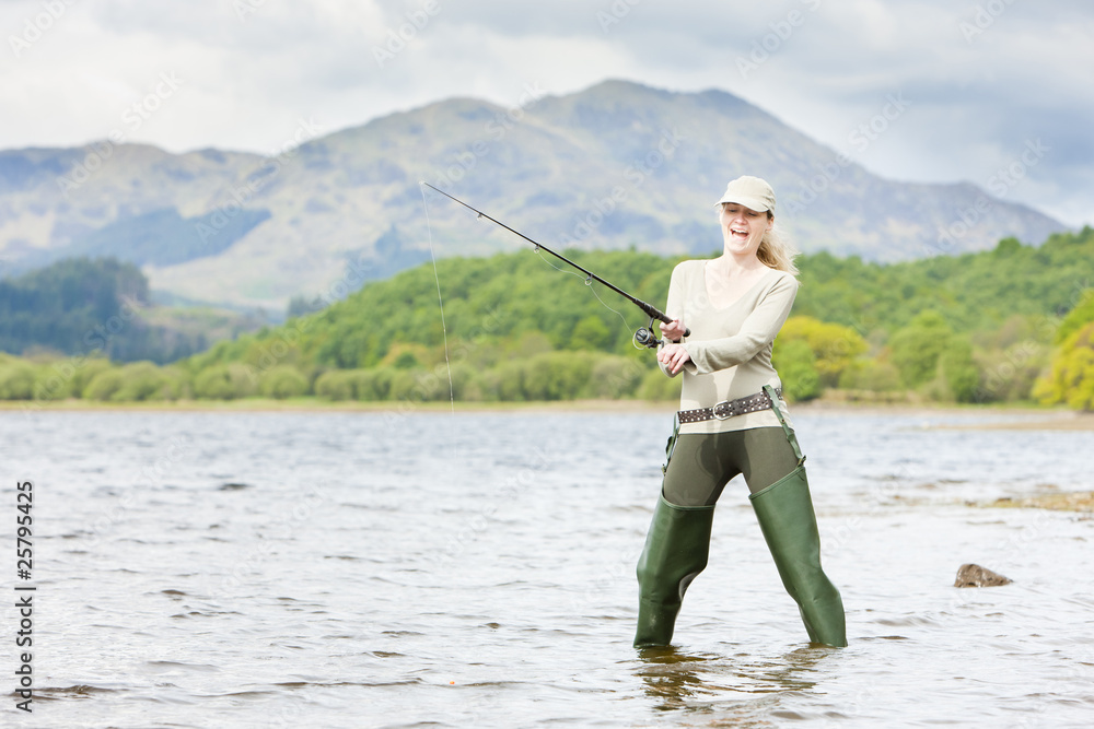 fishing woman, Loch Venachar, Trossachs, Scotland fishing woman, Loch Venachar, Trossachs, Scotland