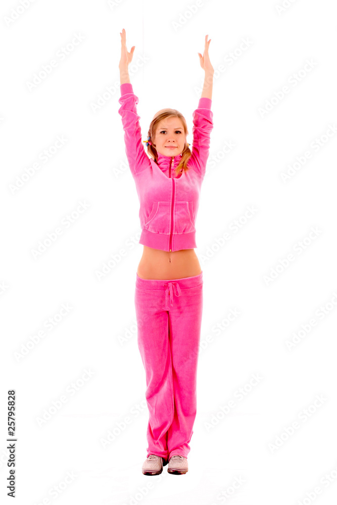 Young woman doing exercise isolated on white Young woman doing exercise isolated on white