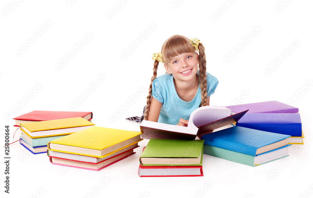 Child with pile of books reading on floor. Isolated. Child with pile of books reading on floor. Isolated.