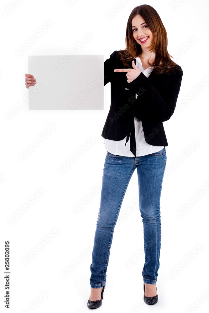 young lady pointing at blank board young lady pointing at blank board